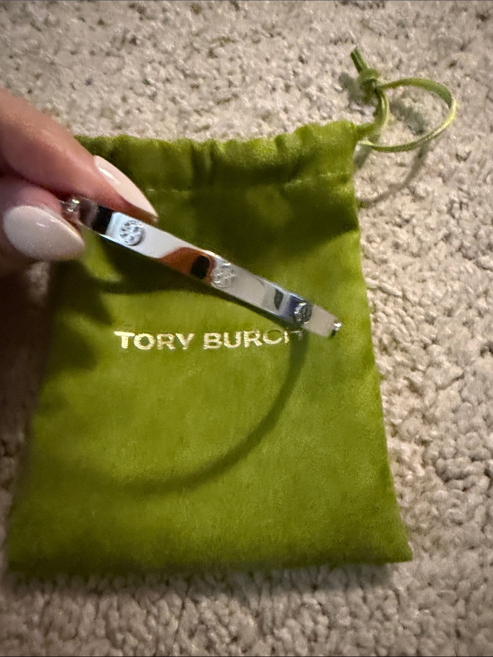 New Tory Burch Silver Logo Bangle Bracelet with Green Pouch